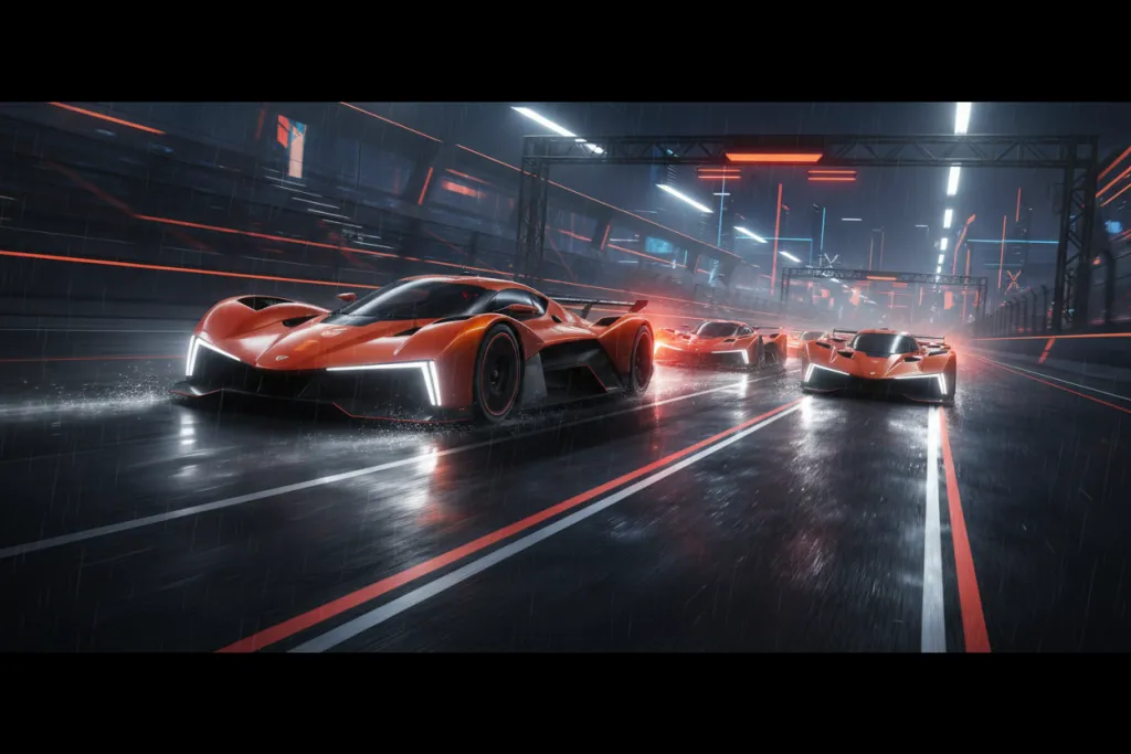 Gran Turismo 7 PS5 online racing cars in wet night circuit formation with headlights cutting through rain