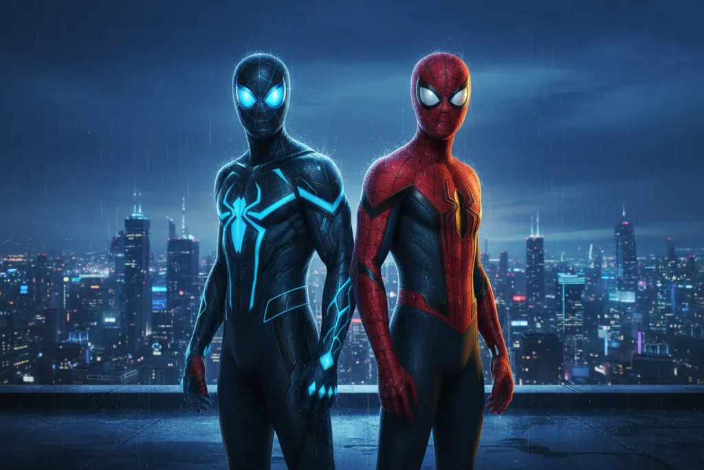 Spider-Man 2 vs Miles Morales PS5 — two spider-suited heroes stand back to back on a rain-slicked rooftop