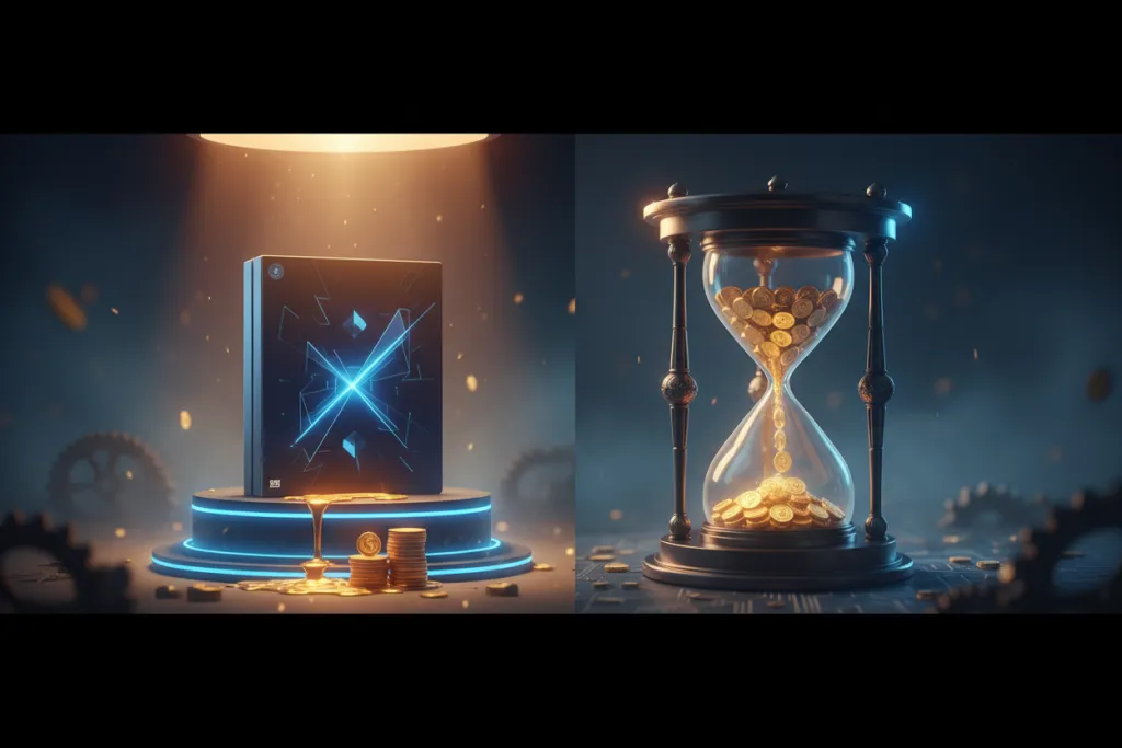 Astro Bot PS5 2026 buy vs wait decision shown as a game case on a pedestal beside a golden hourglass dripping coins