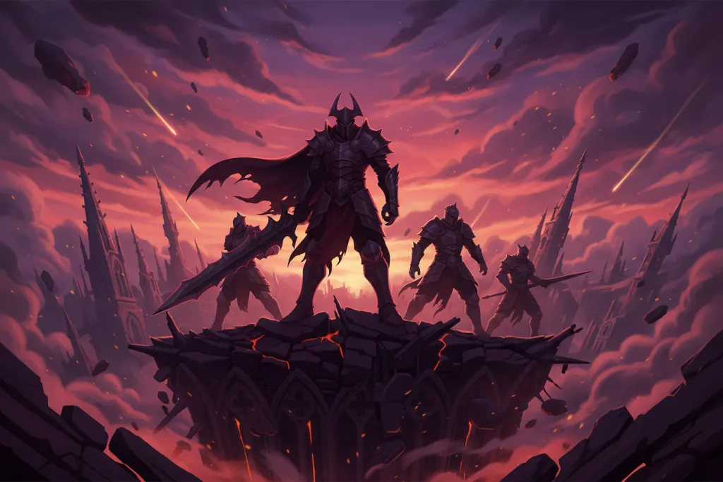 Three warriors face a collapsing fortress at dusk — Elden Ring Nightreign PS5 co-op action