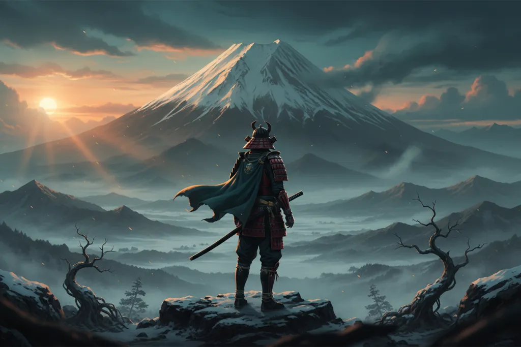 Ghost of Yotei pre-order landscape showing a samurai warrior overlooking a snowy volcanic terrain beneath Mount Yōtei at