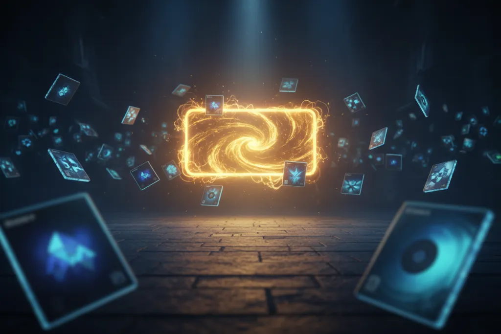A golden portal of light opens onto dozens of floating glowing game discs in a dark room, representing PlayStation Plus
