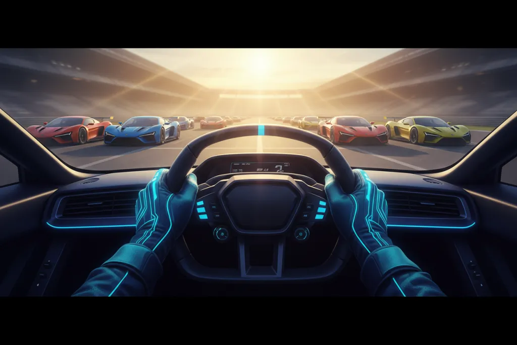 Beginner driver in GT7 PS5 cockpit gripping steering wheel facing sunny starting grid of colorful cars