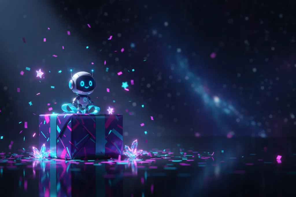 Astro Bot PS5 2026 post-launch content update represented by a small robot figurine with celebratory confetti and hologr