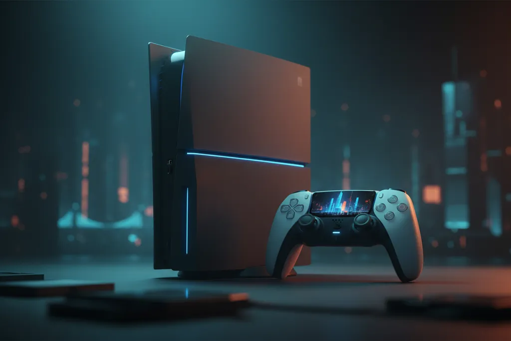 Spider-Man 2 PS5 performance mode — DualSense controller and console glowing beside a sharp reflected cityscape