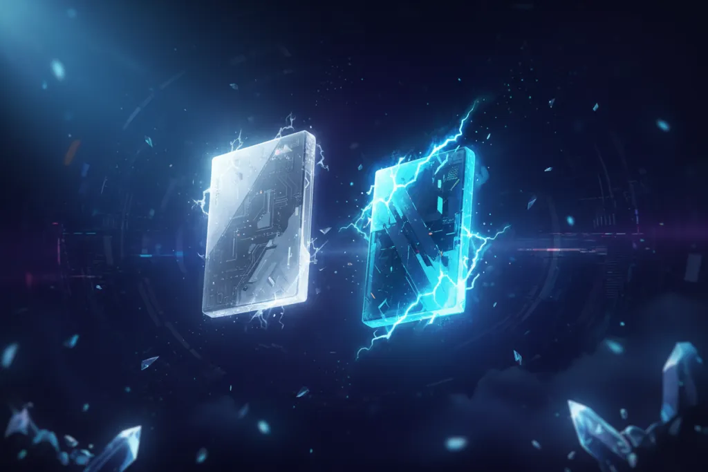 Two glowing abstract game objects float in a blue void contrasting silver and electric blue, illustrating PS4 vs PS5 upg