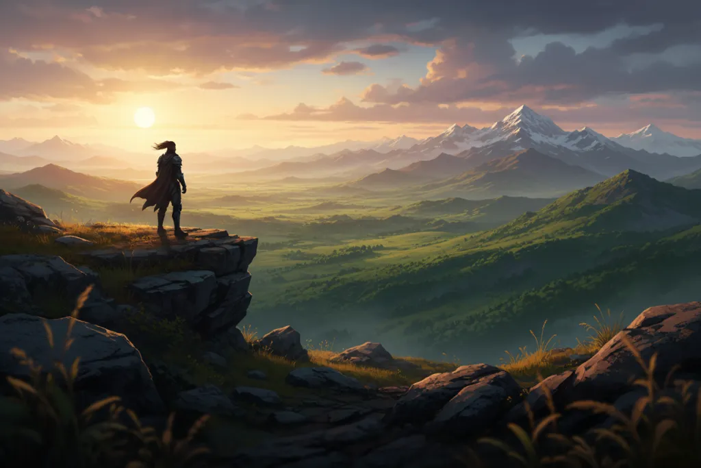 Final Fantasy VII Rebirth PS5 — a lone warrior surveys a vast open world of hills and peaks at golden hour