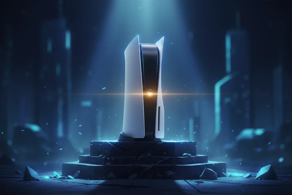 PS5 console glowing on a dark pedestal with golden light at the disc slot, symbolising enhanced performance for the best