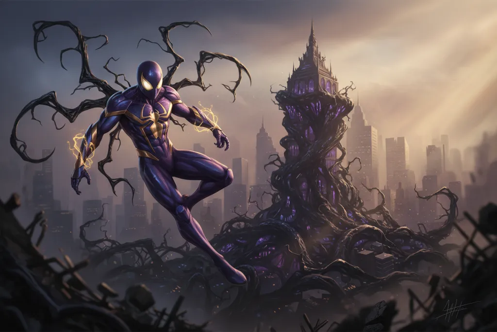 New Game+ Spider-Man 2 PS5 — armored spider hero soars above a Symbiote-darkened Manhattan with glowing web-shooters