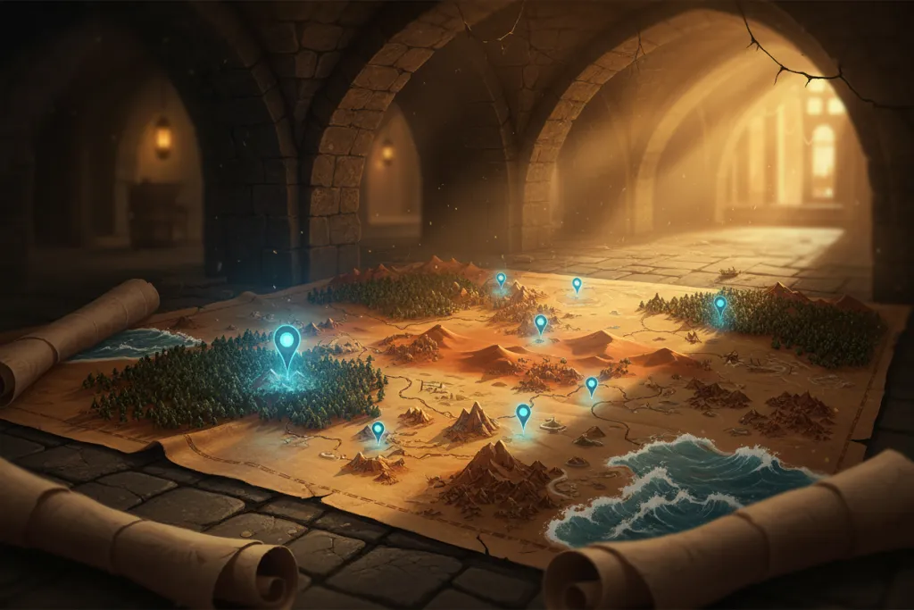 Final Fantasy VII Rebirth PS5 massive game world illustrated as a glowing ancient map with diverse terrain regions