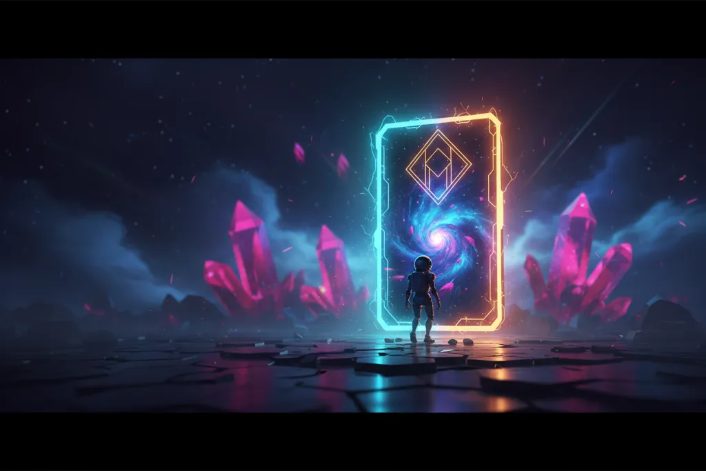 Astro Bot PS5 2026 on PlayStation Plus shown as a glowing portal with a tiny astronaut robot stepping into a colorful wo