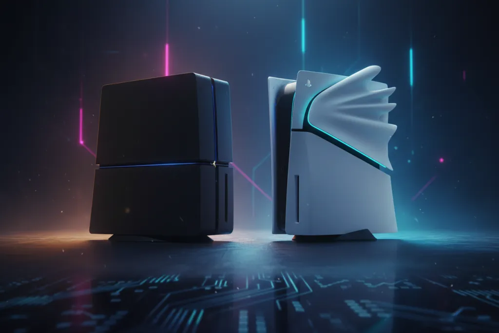 PS4 and PS5 consoles side by side in dramatic split lighting, representing the enduring value of best PS4 games in 2026