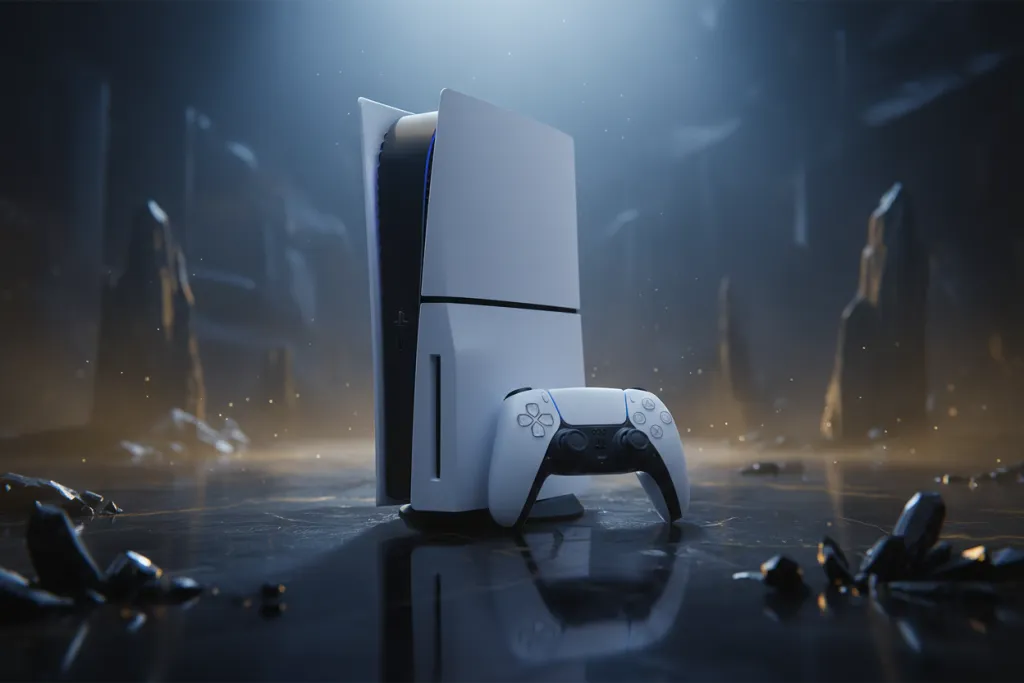 PS5 console and DualSense controller in moody blue studio light, optimised for Elden Ring Nightreign PS5 performance