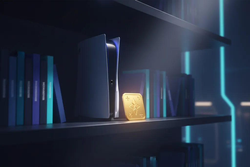 PS5 console and PlayStation Plus symbol glowing on a shelf of games, representing 2026 PS5 gaming library planning