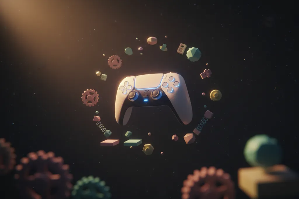 Astro Bot PS5 2026 DualSense controller glowing with haptic light surrounded by miniature platformer world fragments
