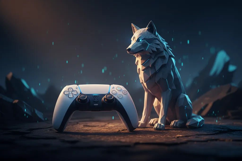 PS5 DualSense controller and wolf companion figurine lit dramatically, representing Ghost of Yotei gameplay features and