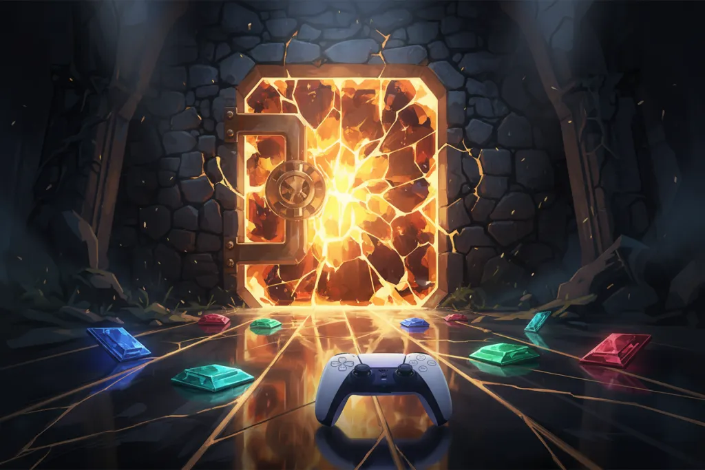 Glowing vault door with warm amber light and PS5 controller, representing PlayStation Plus game library value