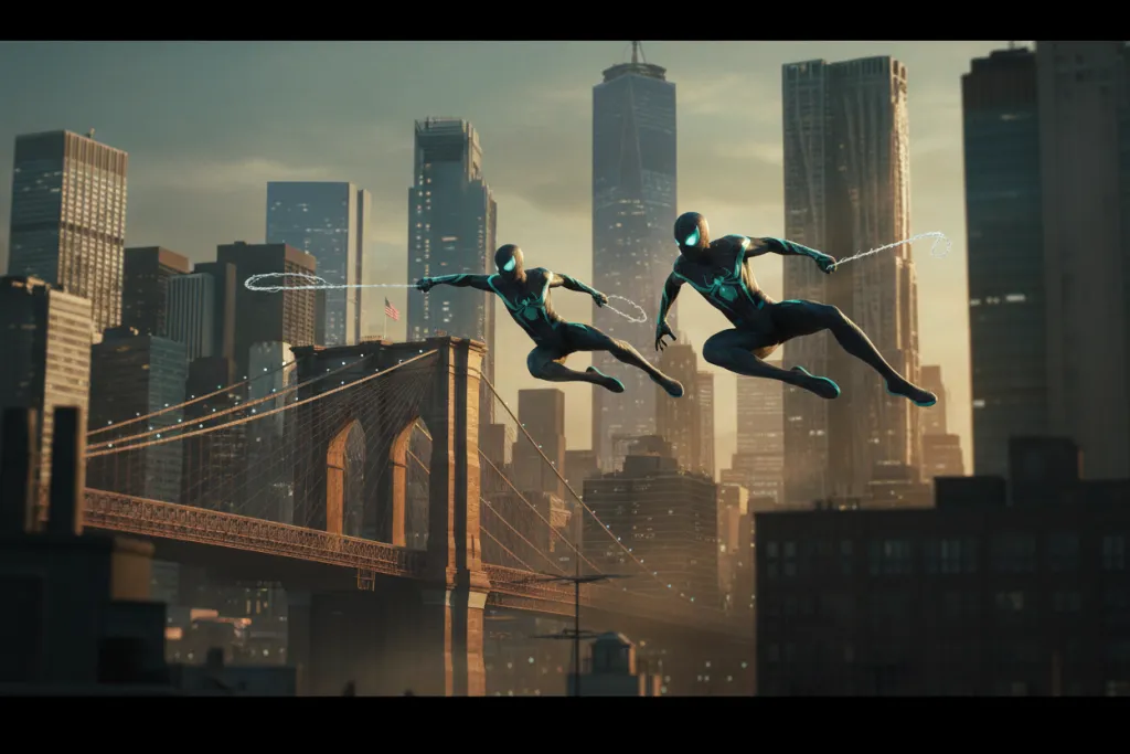 Spider-Man 2 PS5 worth buying — two spider heroes swing across a golden New York City skyline at sunset