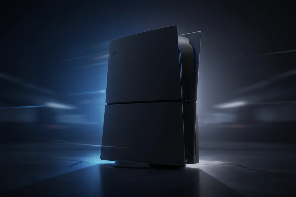 Final Fantasy VII Rebirth PS5 performance modes represented by a sleek console in cinematic blue and white light