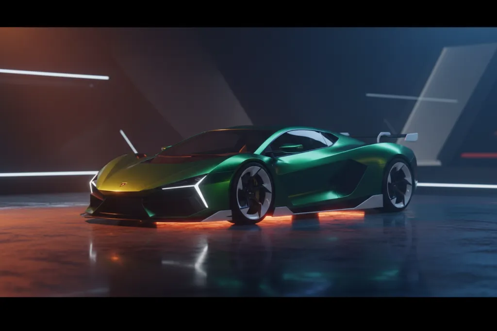 Gran Turismo 7 PS5 sports car on dark reflective studio floor with dramatic amber and blue lighting