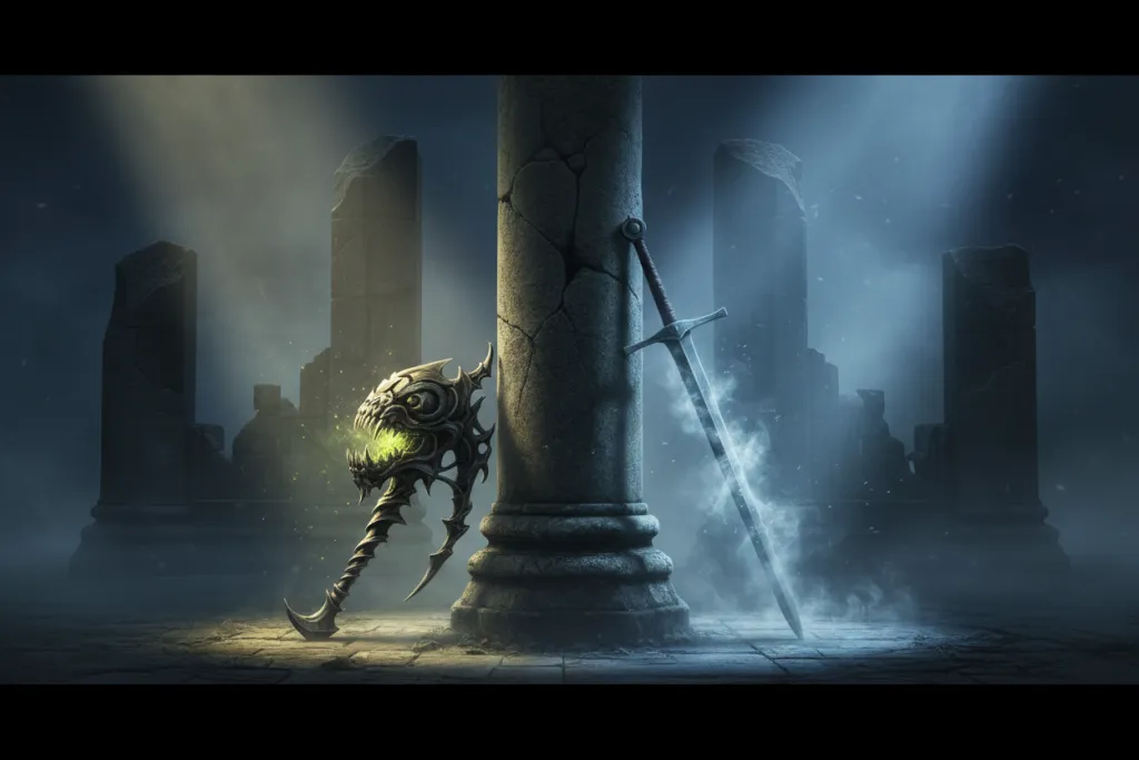 Split image contrasting a beast-hunter weapon in warm decayed light against a knight's sword in cold moonlight.
