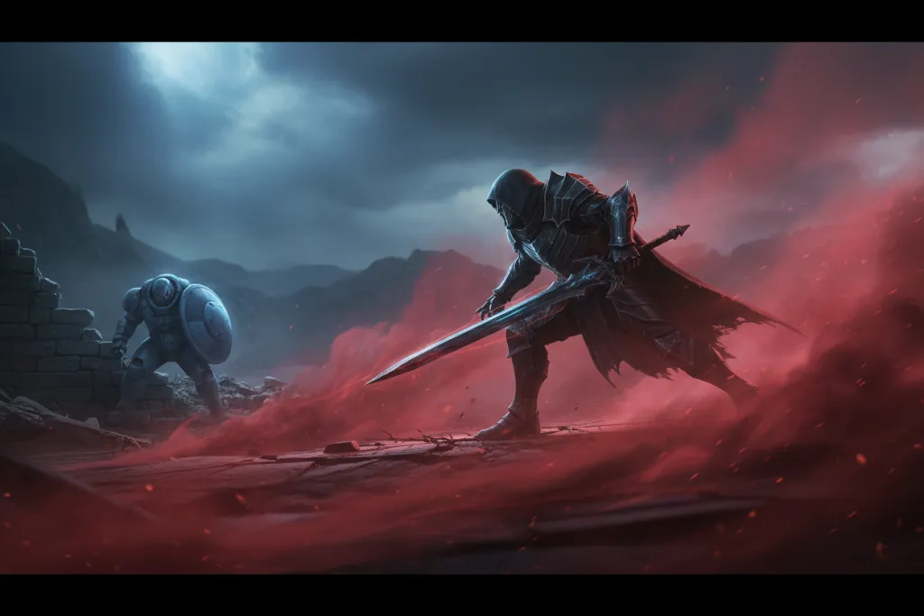 Bloodborne vs Demon's Souls combat contrast: an aggressive lunging fighter opposite a cautious shielded knight in moody