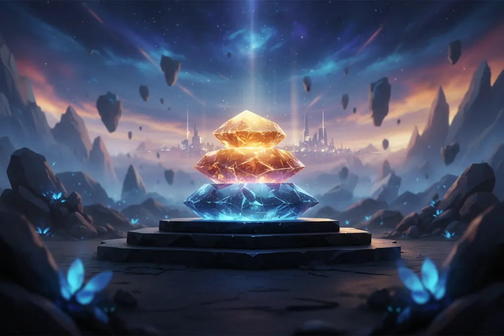 Three glowing stacked crystal tiers on a dark pedestal symbolizing layered subscription benefits.