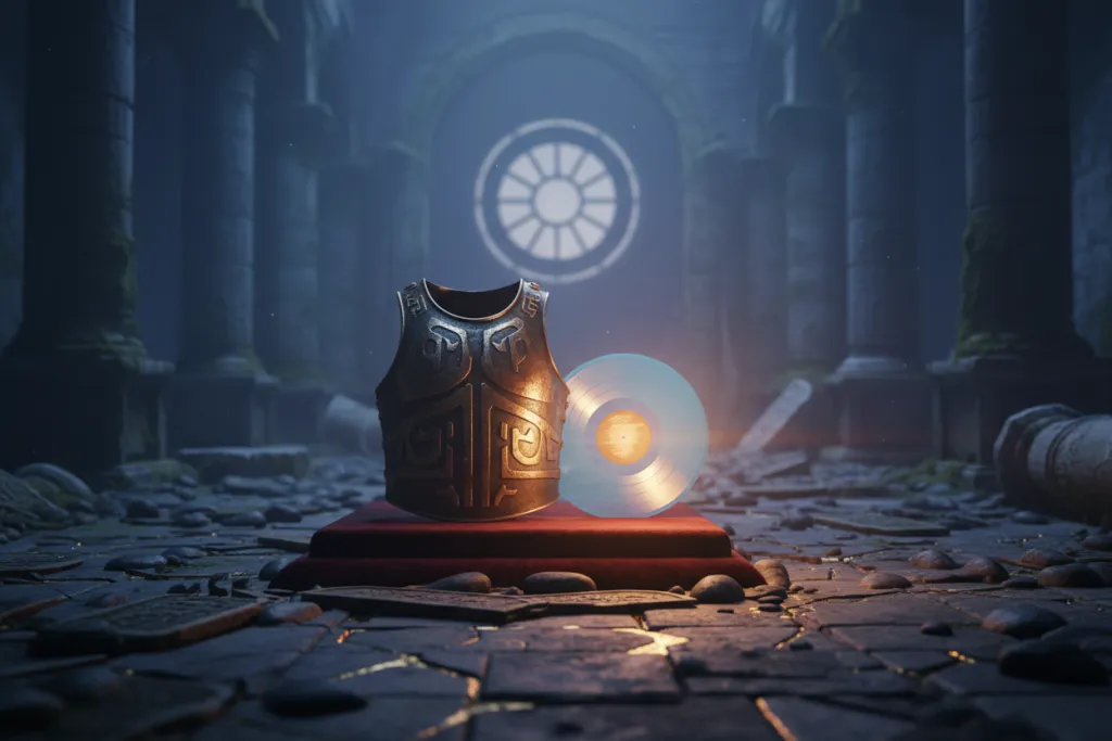 Illustration of ornate armor and a glowing record symbolizing God of War Ragnarök's deluxe armor and soundtrack