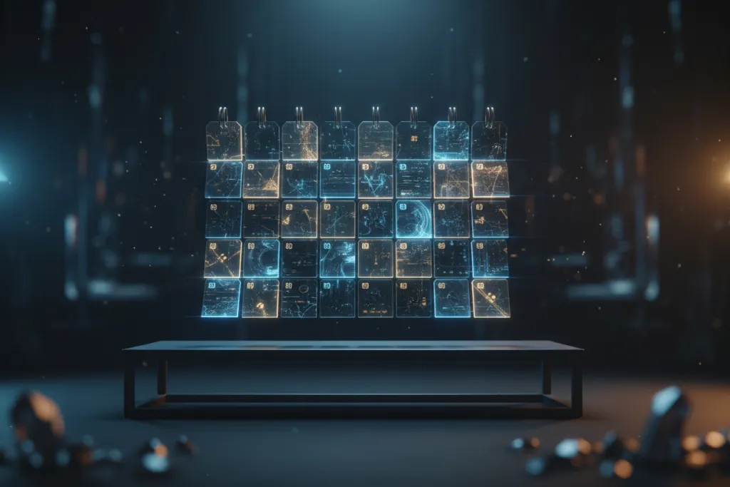 Illustration of glowing digital price tags arranged like a calendar above a dark shelf, symbolizing the best PlayStation