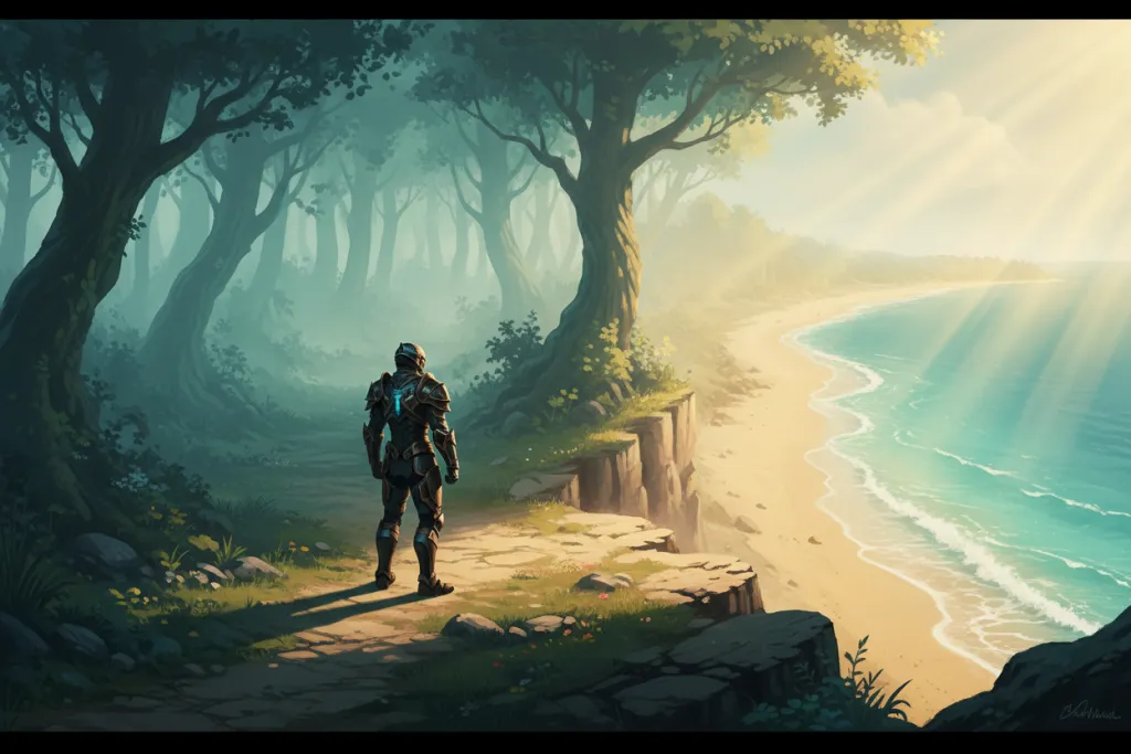 An armored figure stands at a misty cliffside crossroads between a shadowed forest and a sunlit shoreline.
