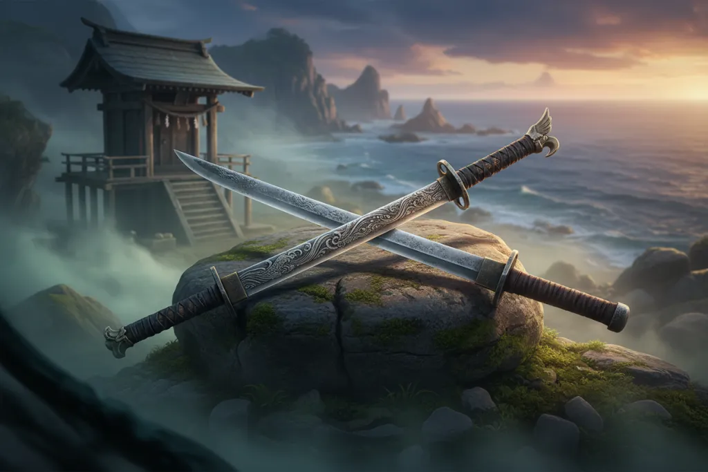 Two crossed swords resting on a moss-covered stone near a foggy coastal shrine at dusk.