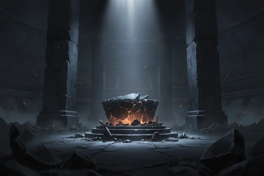 Cracked glowing pedestal in a dark arena symbolising the costly failure of a PS5 multiplayer games launch in 2024