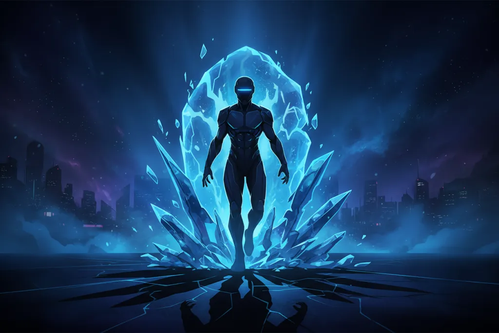 Futuristic hero silhouette emerging from neon-blue energy on a dark stage, representing the Concord relaunch for PS5 mul