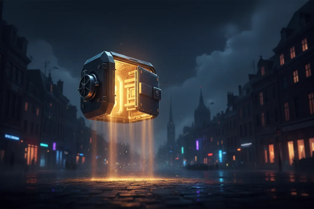 Glowing geometric vault floating over a night cityscape, representing PSN wallet strategy for PS5 multiplayer games in E