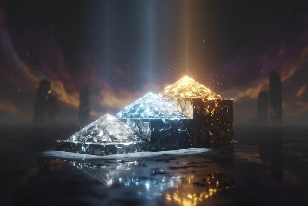 Three glowing crystalline tier monoliths rising in a dark studio — PS Plus Essential Extra Premium tiers comparison Augu