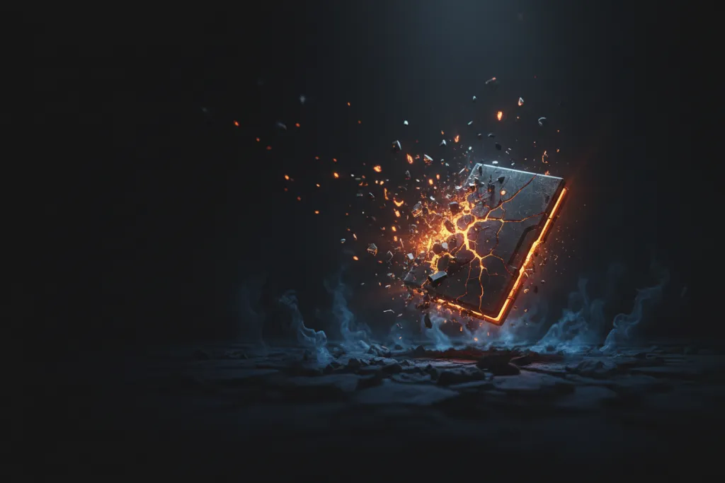Cracked game case dissolving into embers symbolising Concord's failed launch and its free-to-play PS5 relaunch