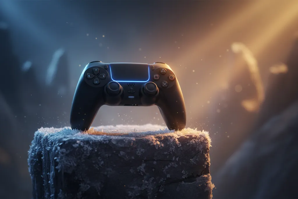 PS Plus Premium game trial concept — controller in warm gold and cool blue light for God of War Ragnarök value decision