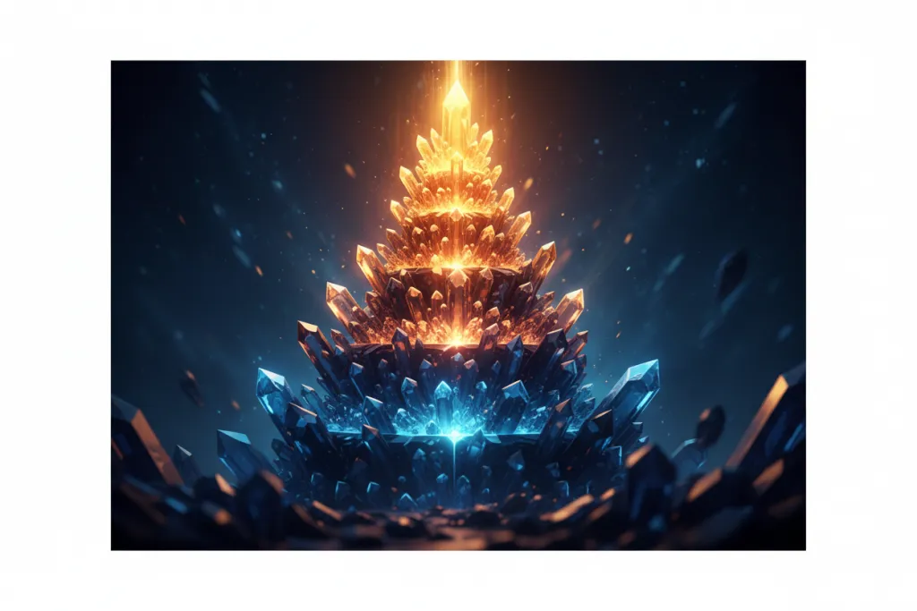 Tiered crystal structure glowing gold and blue in darkness, representing PS Plus subscription value for PS5 multiplayer