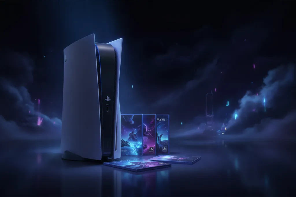 PS5 console glowing blue-violet with three game cases fanned out, representing PS Plus free games August 2026