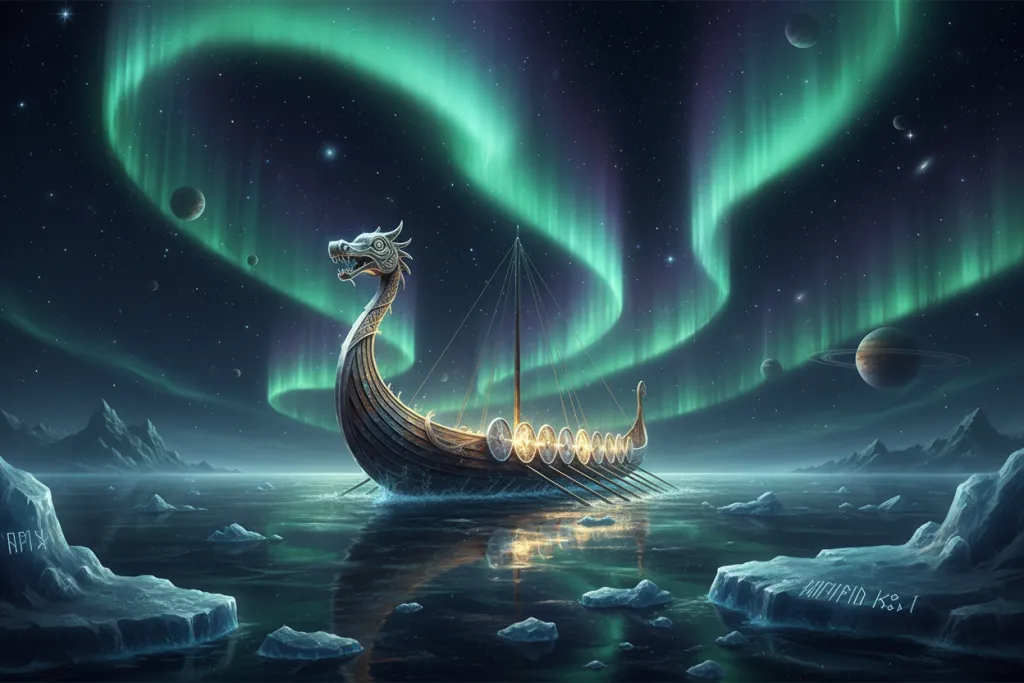 A timeless Norse longship frozen in aurora-lit seas representing God of War Ragnarök's evergreen single-player story in