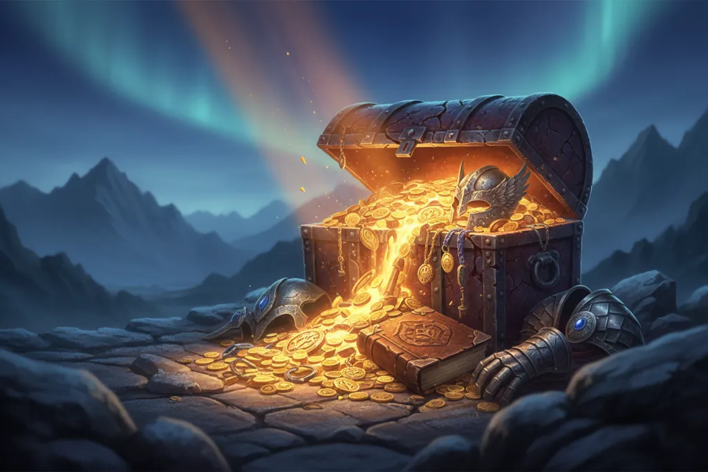 God of War Ragnarök Complete Edition contents shown as glowing artefacts and armour spilling from a chest in Nordic fros