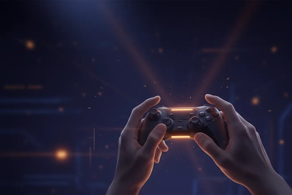 Hands reaching for a glowing controller in warm amber light, symbolising claiming PS Plus free games August 2026 without