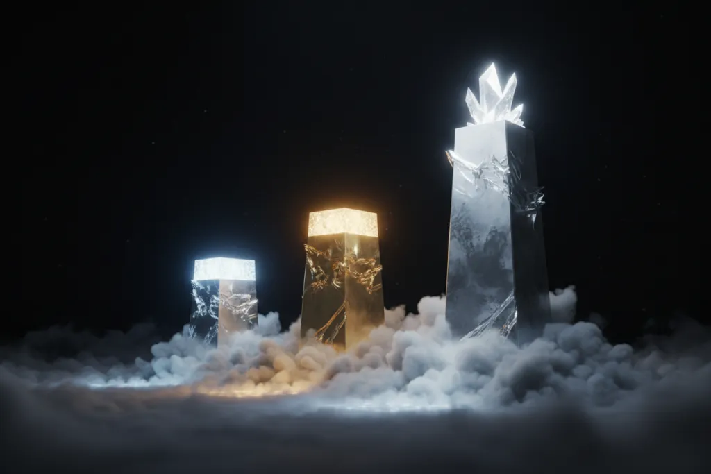 Three glowing pedestals of ascending height in misty darkness, illustrating PS Plus tier comparison for August 2026 free