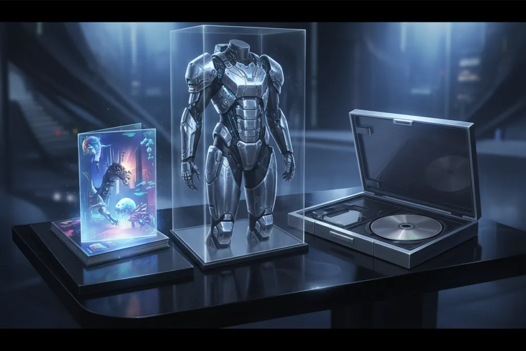 Death Stranding 2 PS5 Digital Deluxe Edition premium contents displayed on a dark studio surface with blue lighting