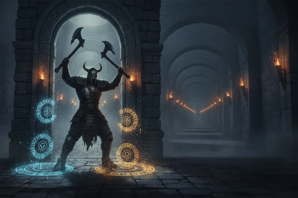 Kratos-inspired warrior in a looping Norse combat arena — God of War Ragnarök Valhalla DLC roguelite gameplay