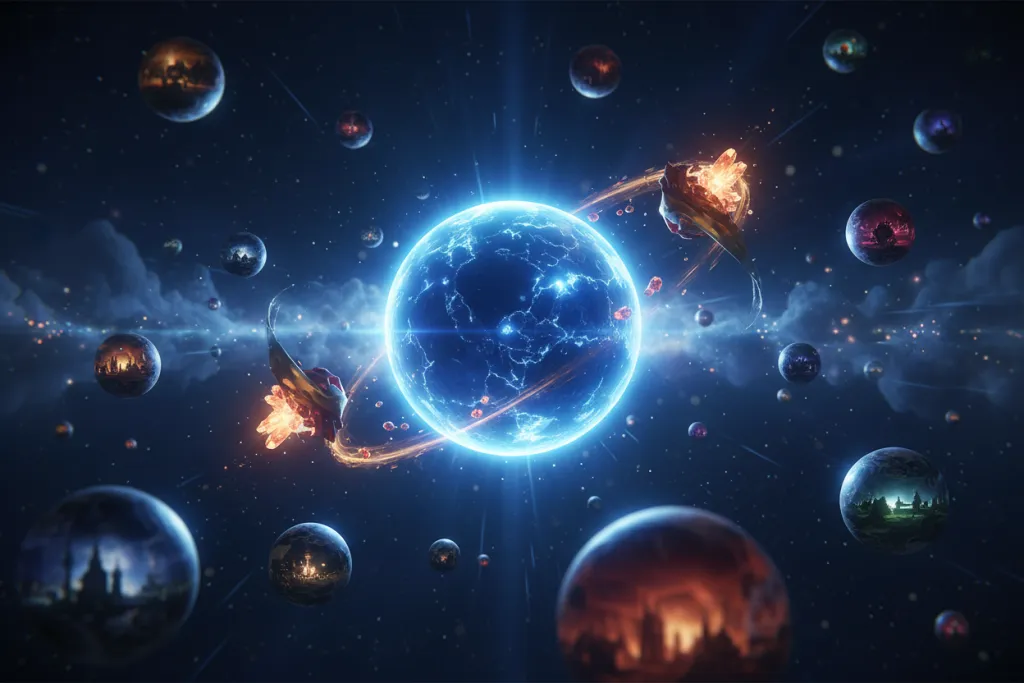 Constellation of PS5 game-world orbs in deep space representing Sony's 2026 live-service strategy including Concord free