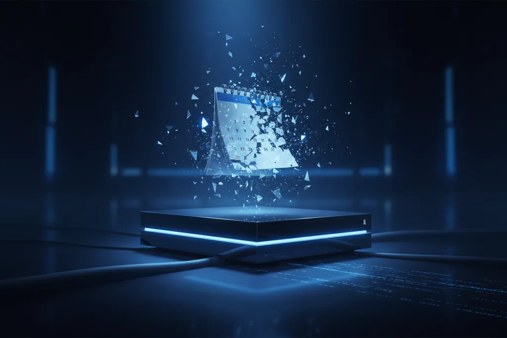 PlayStation console glowing blue on dark surface with dissolving calendar — PS Plus free games August 2026 reveal timing