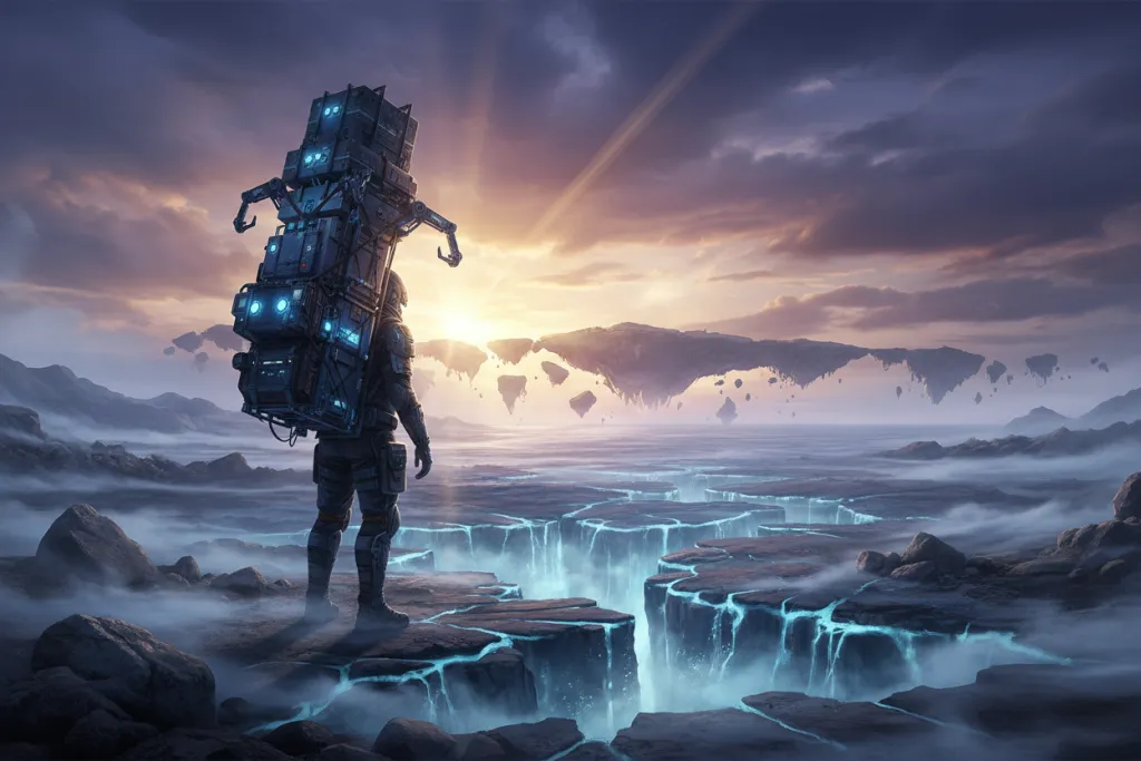 Death Stranding 2 PS5 lone porter standing on a fractured post-apocalyptic coastline under a violet sky