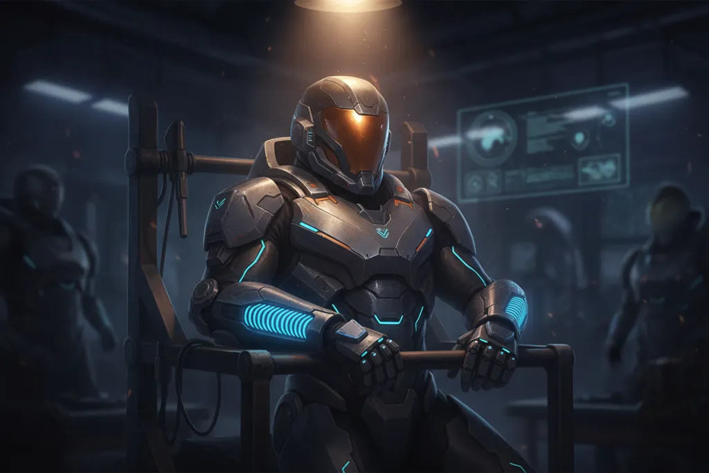 Futuristic hero combat suit on an armory rack with DualSense-detail gauntlets, representing Concord free to play PS5 gam
