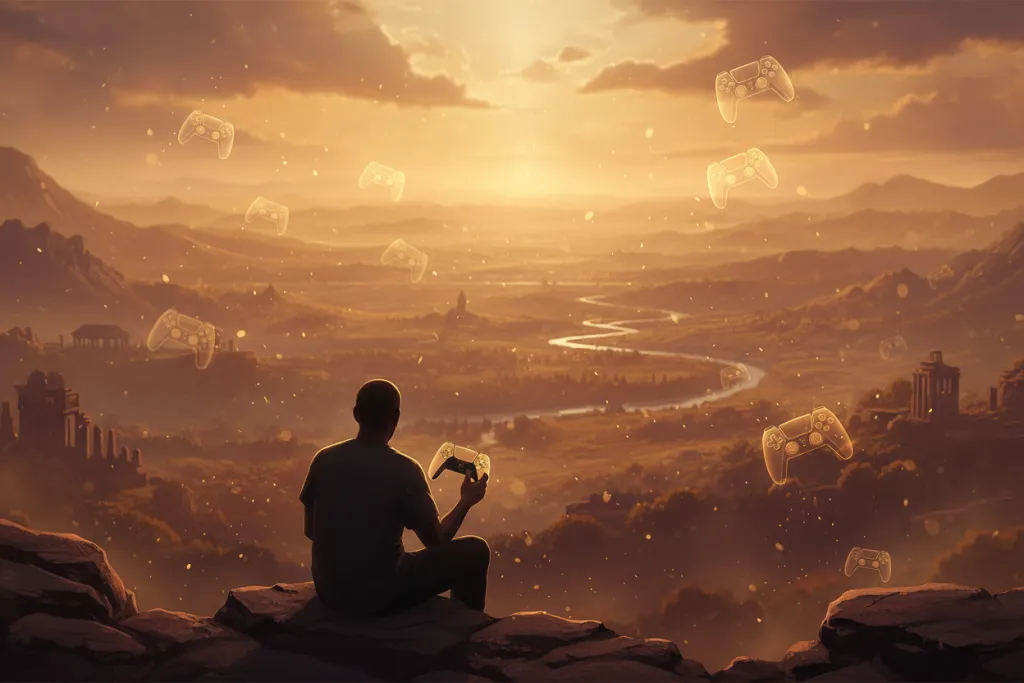 Silhouette of gamer before summer dusk landscape with floating controller motifs — PS Plus free games August 2026 season